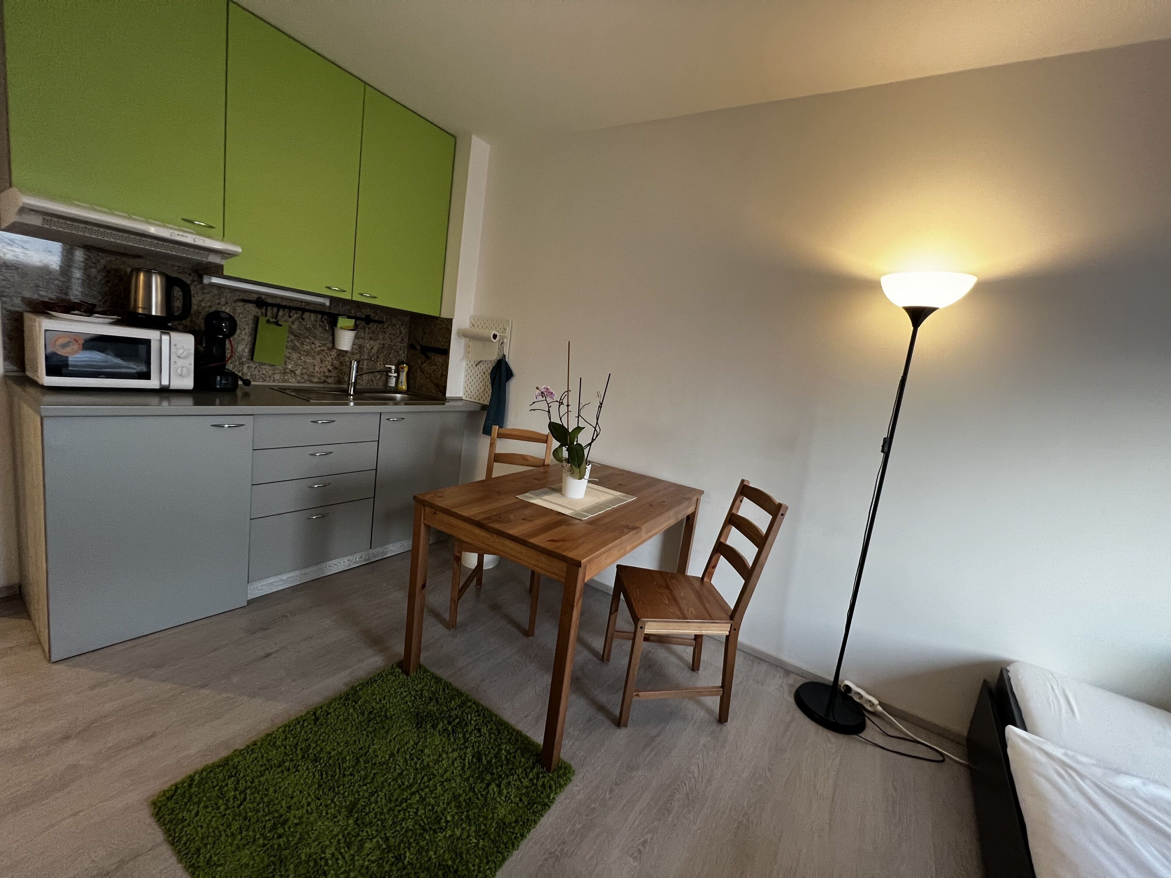 Une cuisine compacte avec des meubles de couleur verte, un four à micro-ondes et un évier. On y trouve une table à manger avec des chaises et une petite plante en pot. Une lampe sur pied se trouve sur le côté droit.