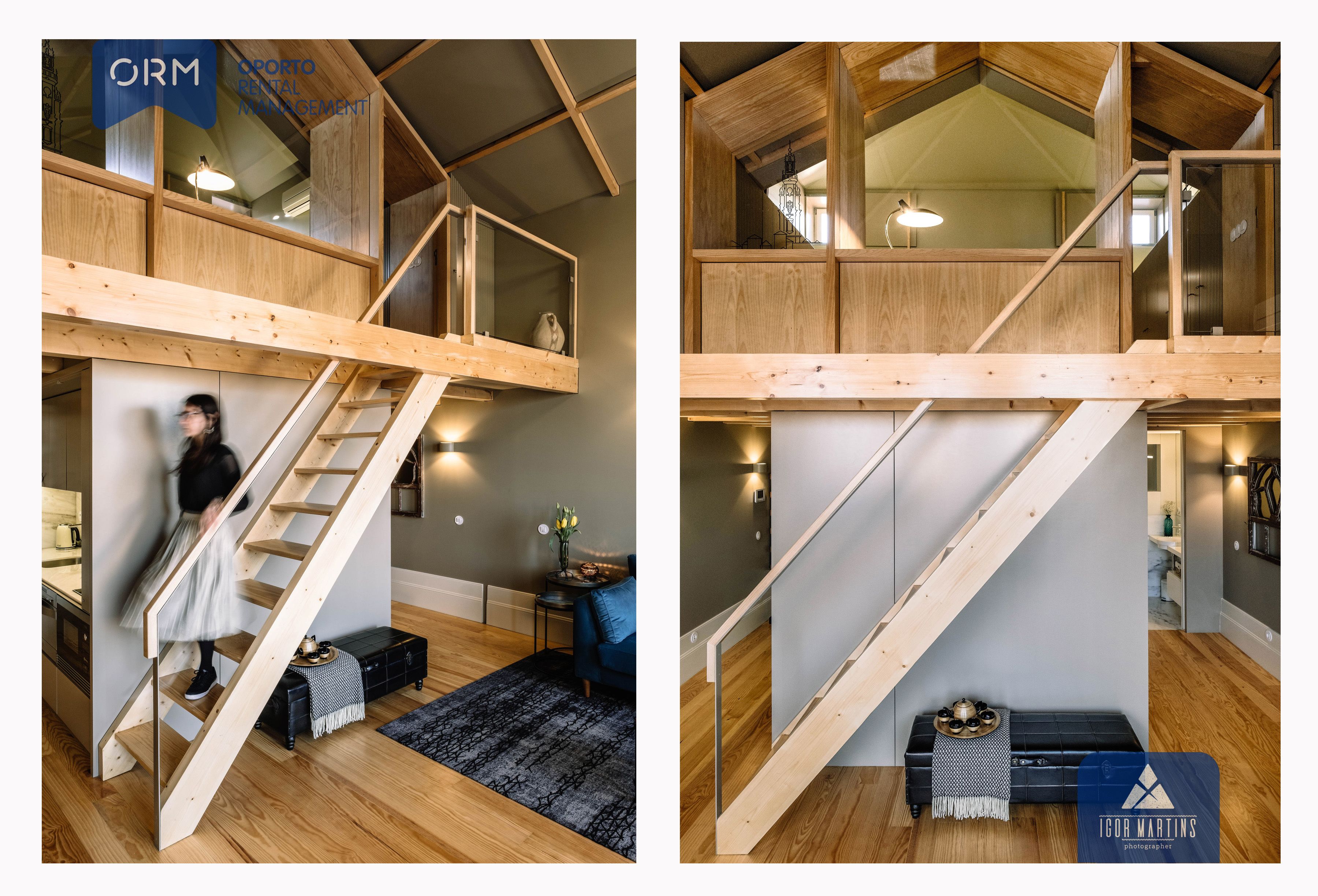 Ein modernes Loft mit einer Holztreppe, einer kleinen Sitzecke und einer Küchenzeile.