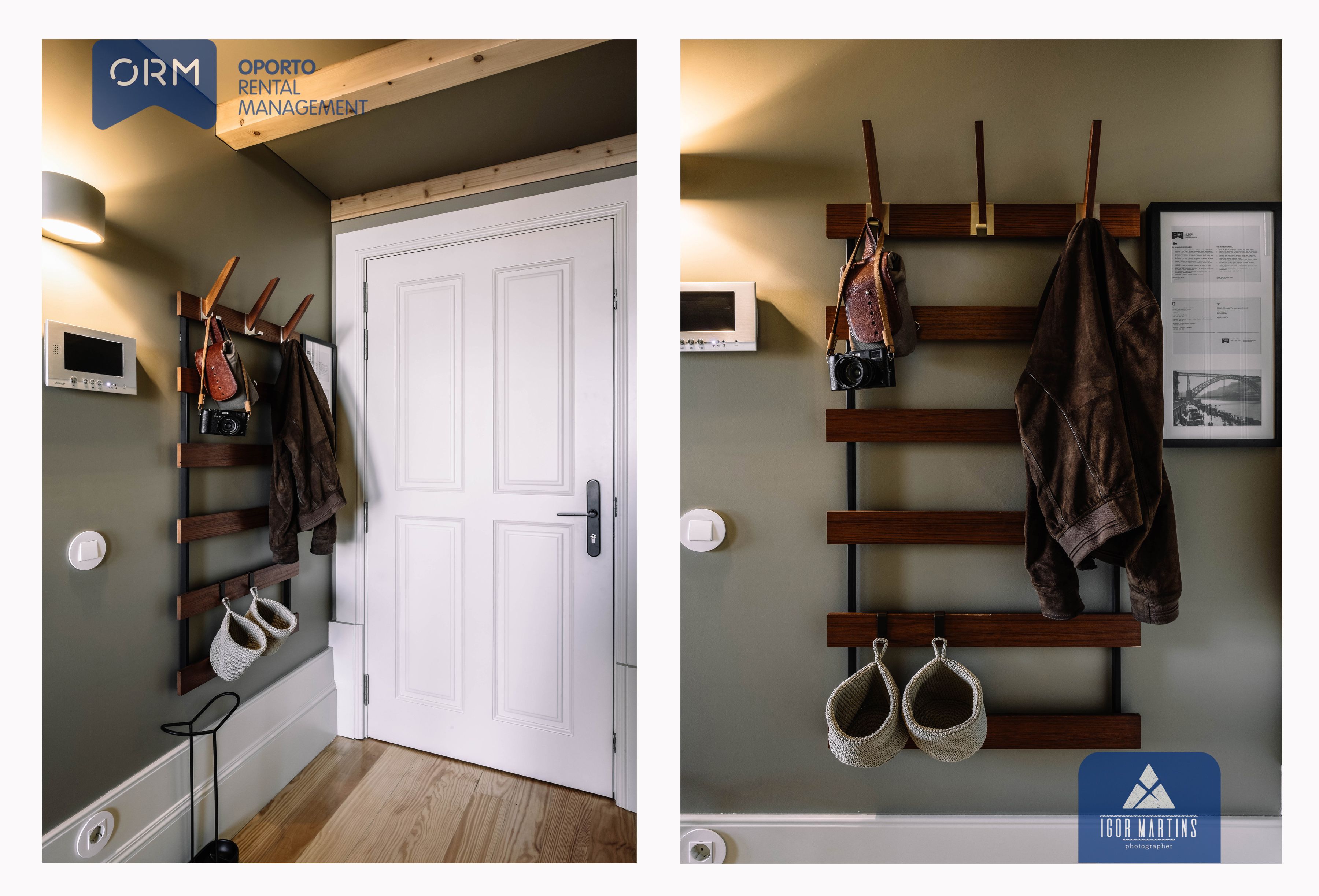 A hallway with a coat rack, a door, and a wall-mounted light fixture.