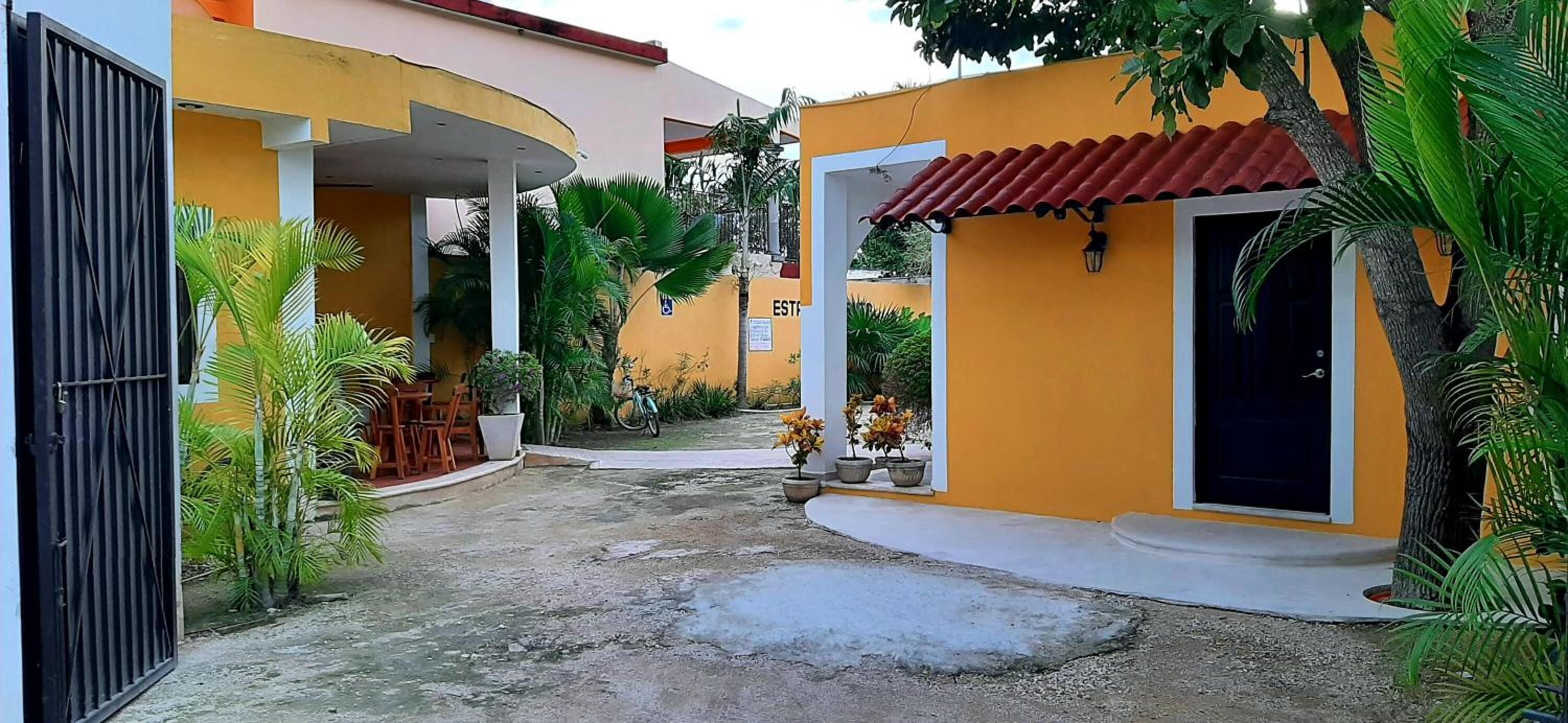 A courtyard with a yellow building, a black gate, and potted plants.