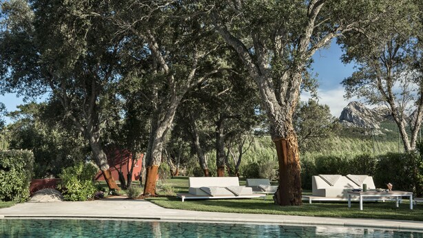 A pool area with lounge chairs and a table, surrounded by trees and a mountain in the background. - Li Neuli Country Club (Arzachena)