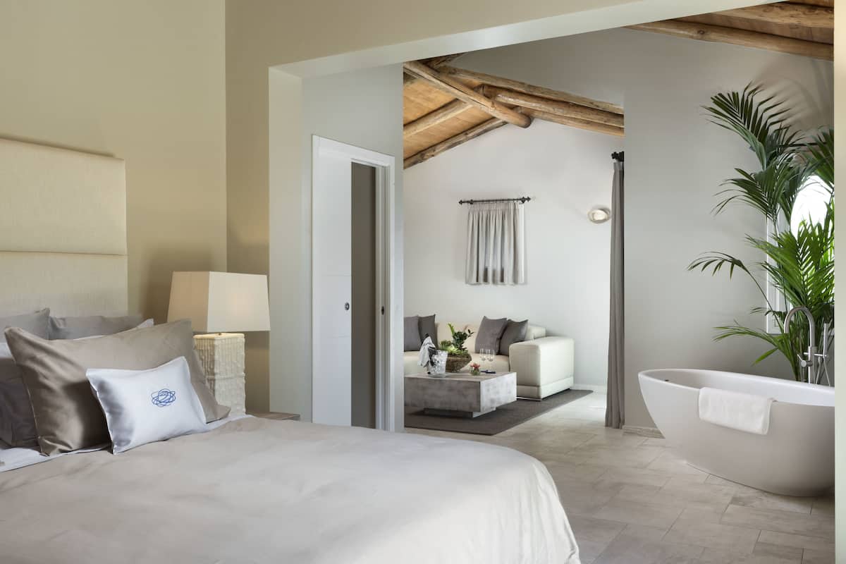 A modern bedroom with a large bed, a sitting area with a sofa, and a bathtub.