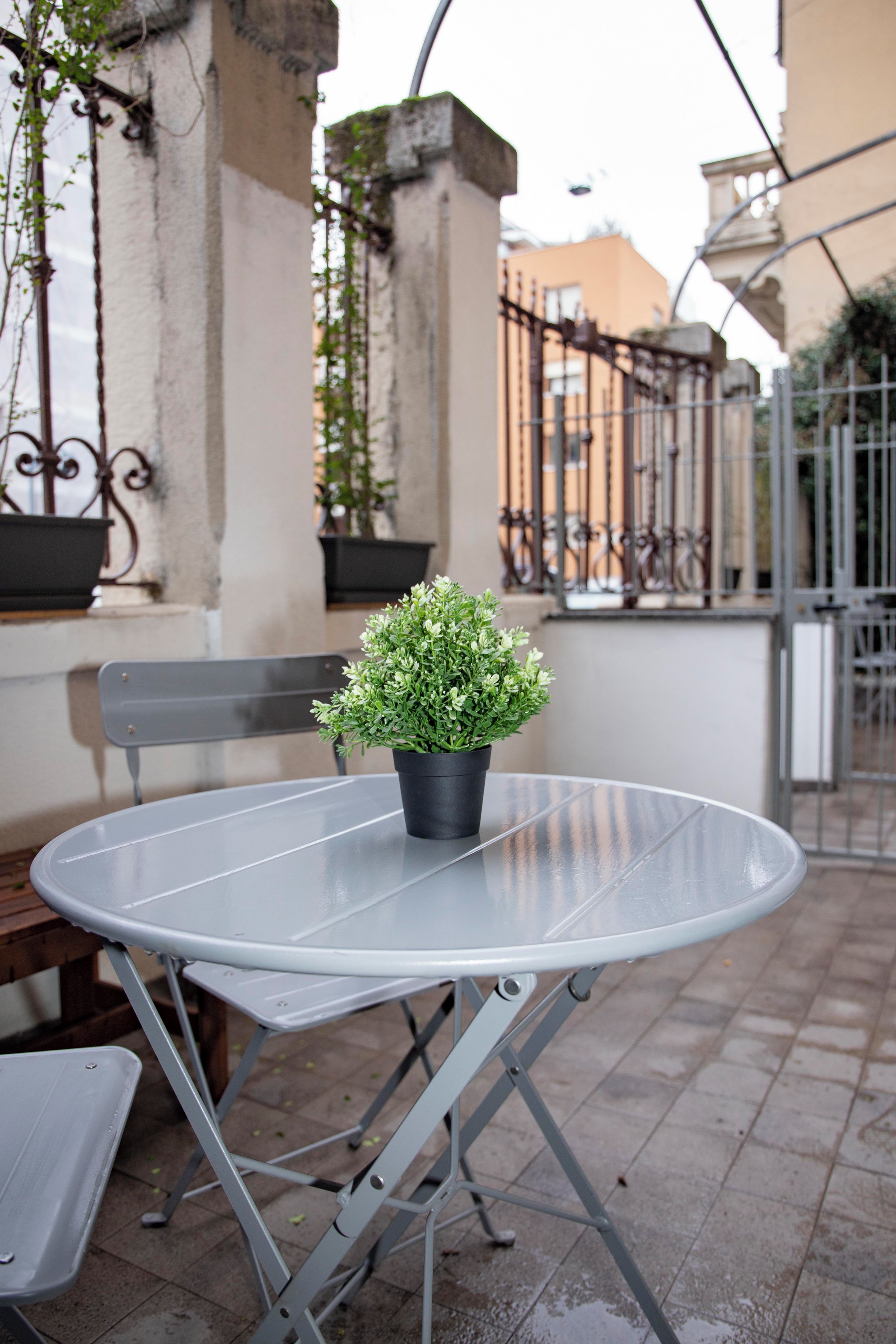 A metal table with a potted plant on it, a bench, and a metal gate in the background.