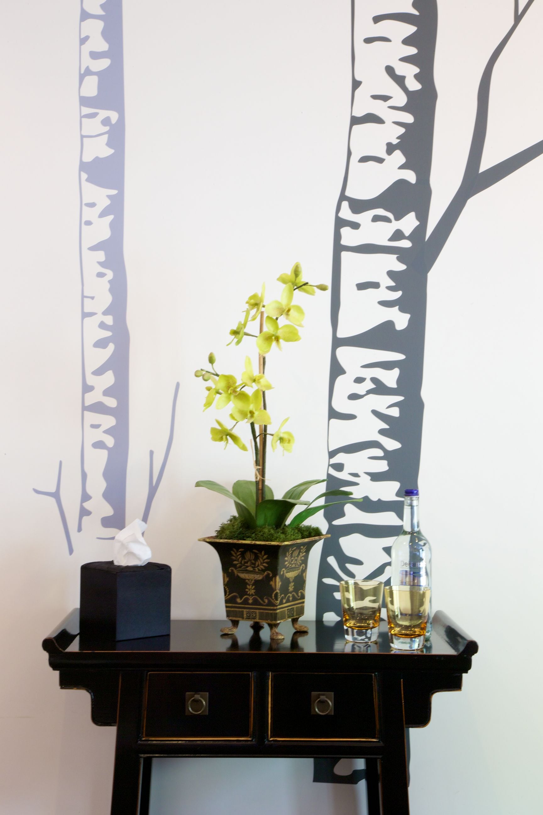 A black desk with a potted orchid, two shot glasses, and a bottle.