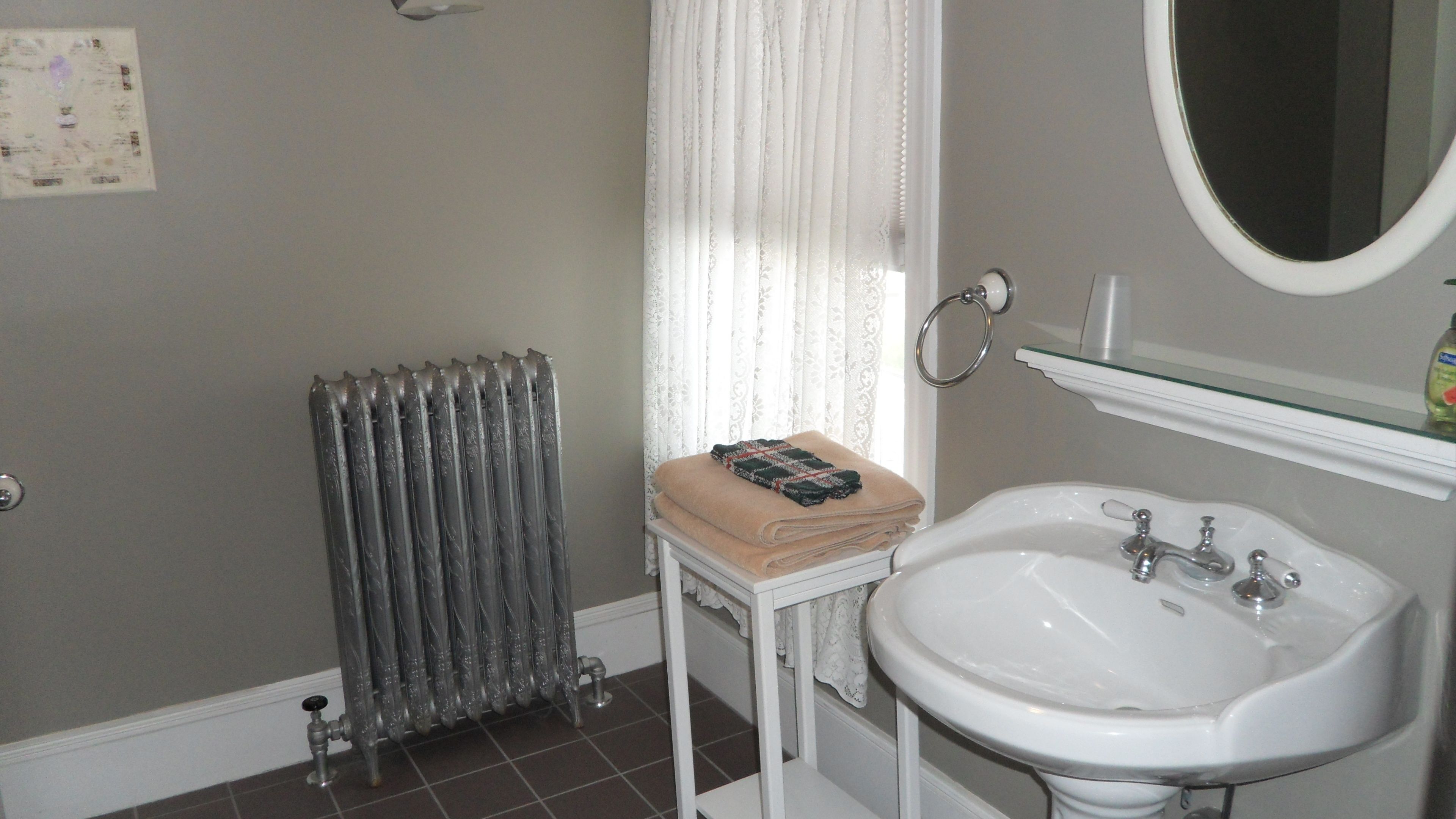 A bathroom with a radiator, a sink, and a mirror.