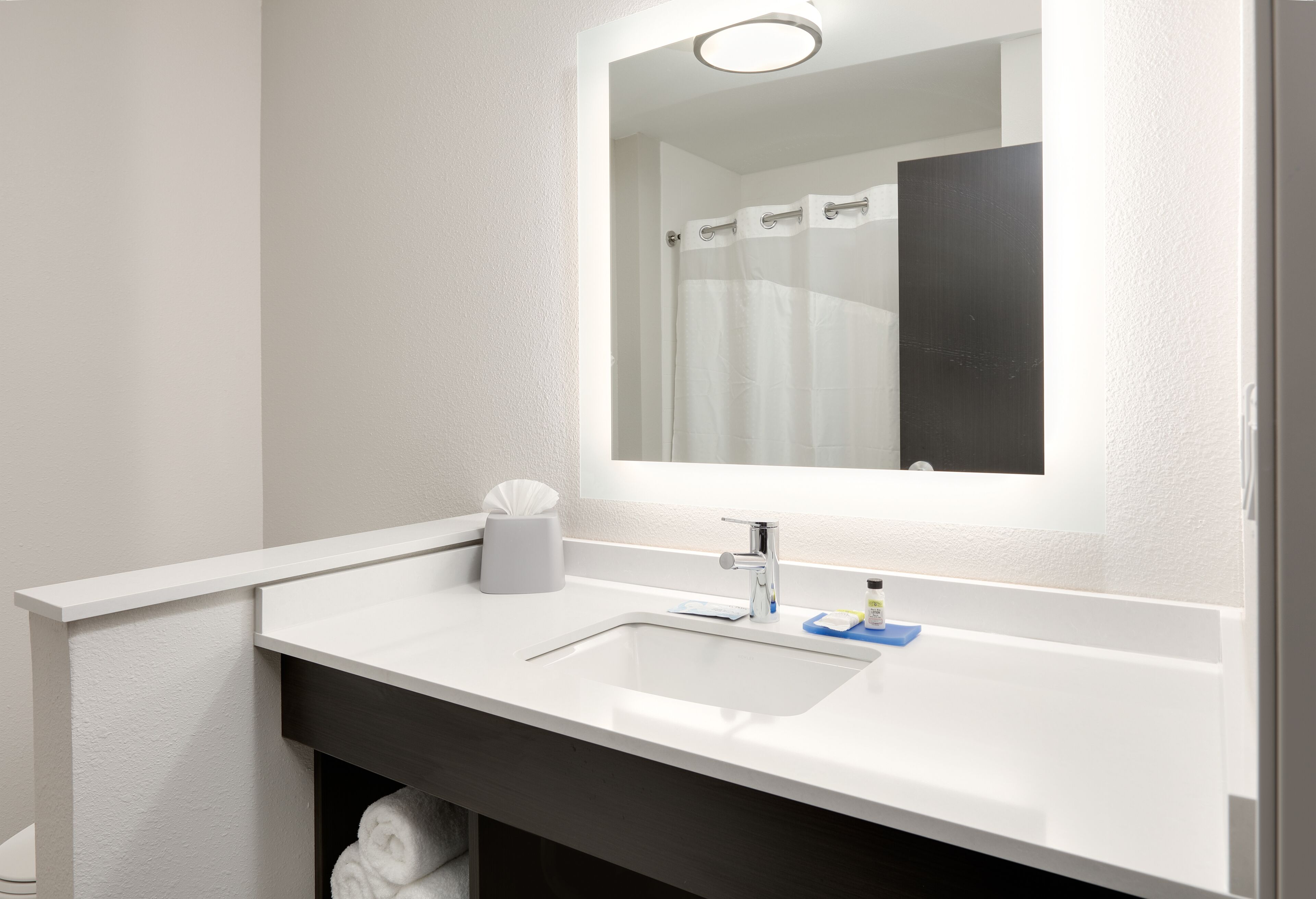 combined shower/bathtub, free toiletries, hair dryer, towels