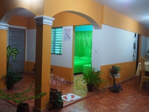 A hallway with a bed in the background, a door, and several potted plants. - Casa Naturaleza Felix y Zoilita (Ciénaga de Zapata)