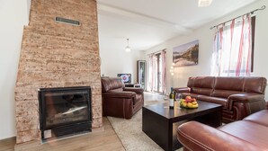 A modern living room with a fireplace, leather sofas, a coffee table, and a television. - Villa SOA (Razvršje)