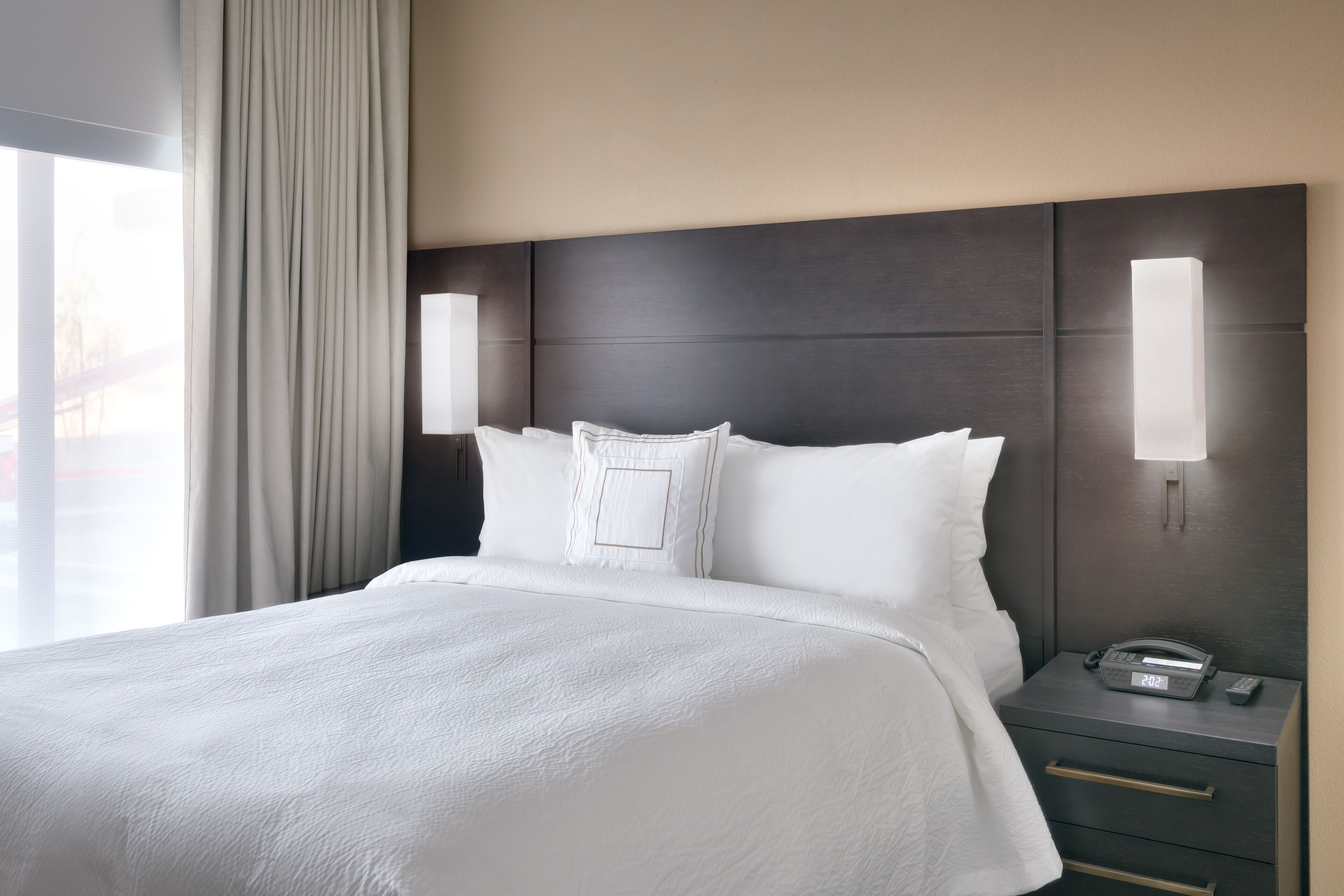 desk, laptop workspace, blackout curtains, iron/ironing board