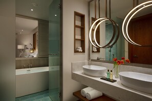 Shower, rainfall showerhead, eco-friendly toiletries, hair dryer