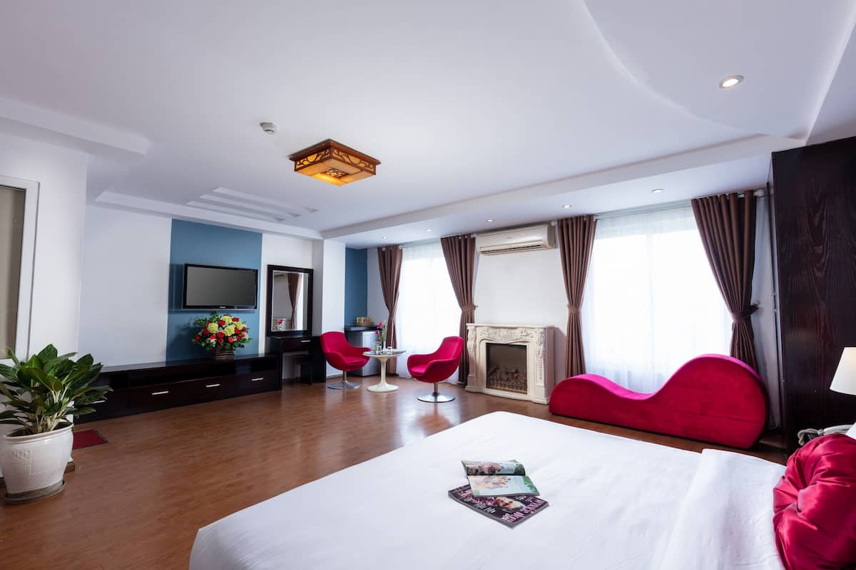 Une chambre d’hôtel moderne avec un grand lit, une cheminée, une télévision et une plante en pot.