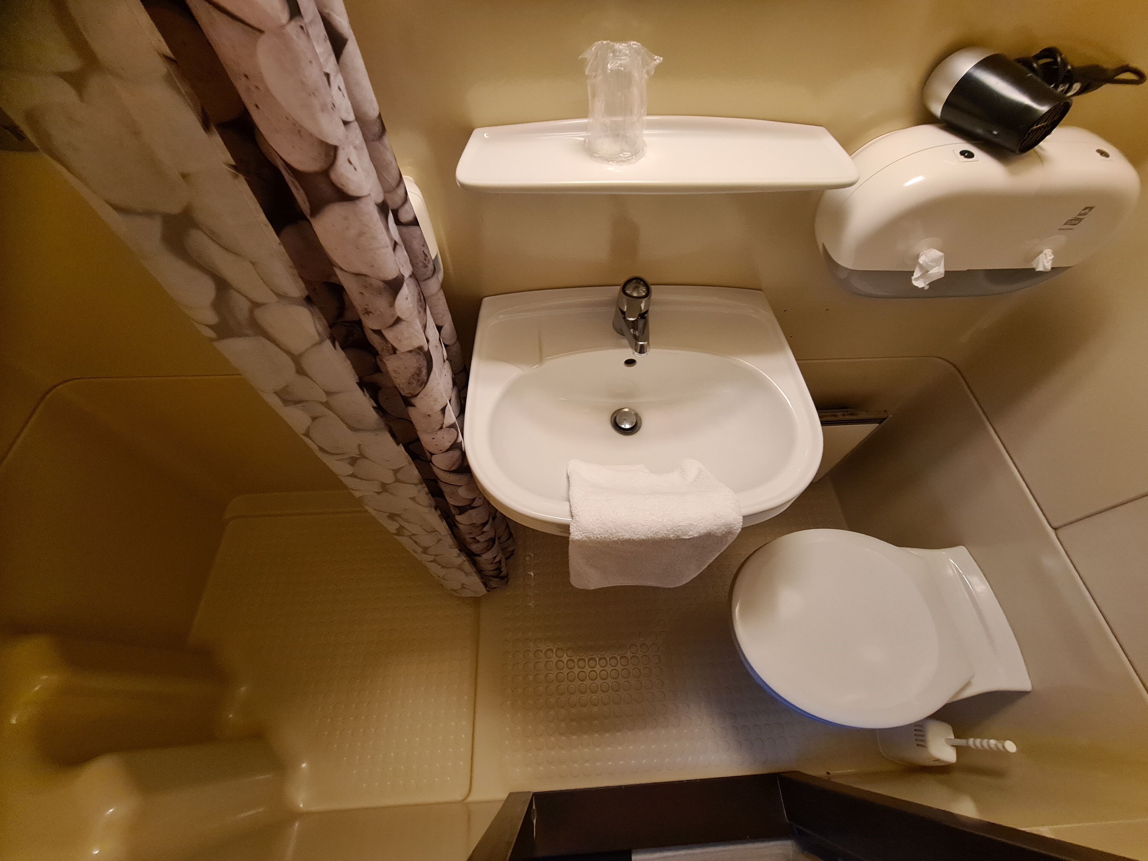 Un baño con un lavabo blanco, inodoro y cortina de ducha.