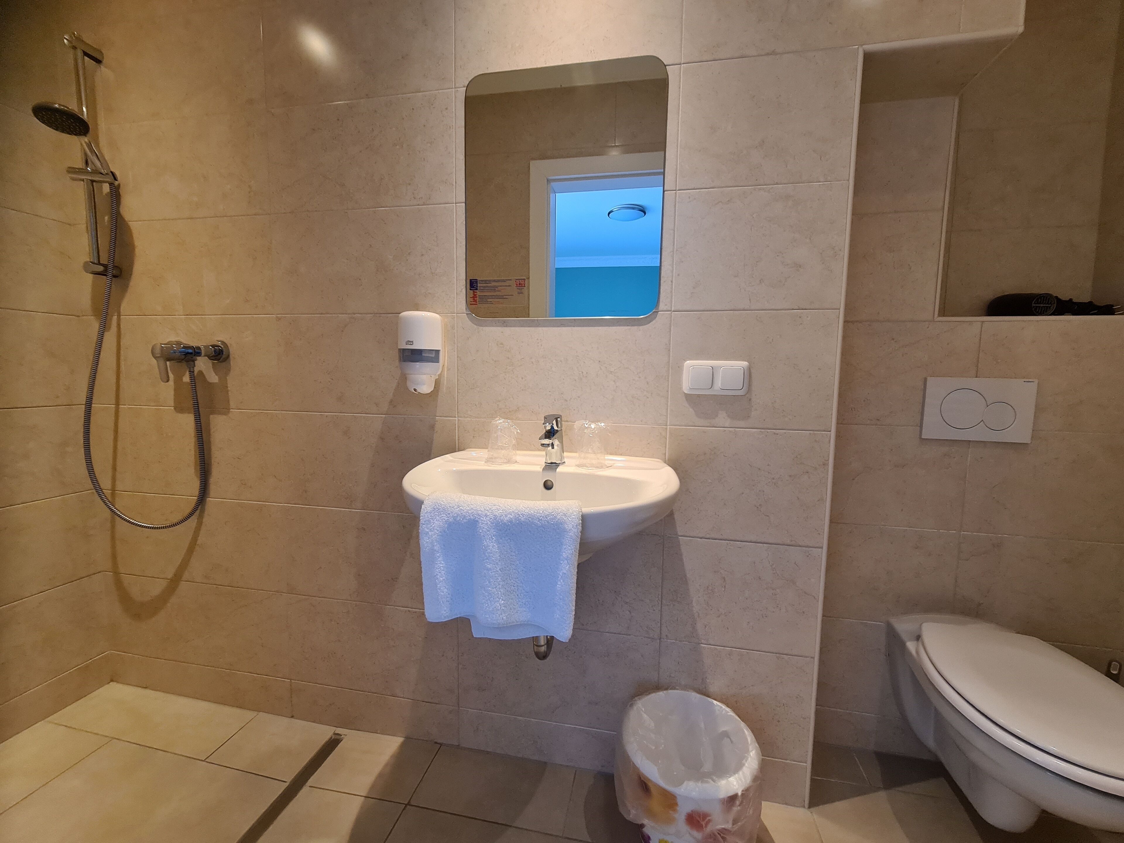 Ein Badezimmer mit Dusche, Waschbecken und Toilette.