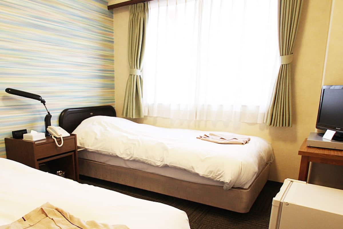 A hotel room with two beds, a bedside table with a lamp and phone, a television on a stand, and a window with curtains.