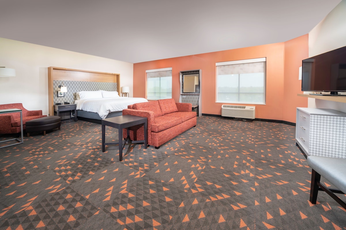 Une chambre d’hôtel avec un lit, un canapé rouge, une télévision et un bureau.