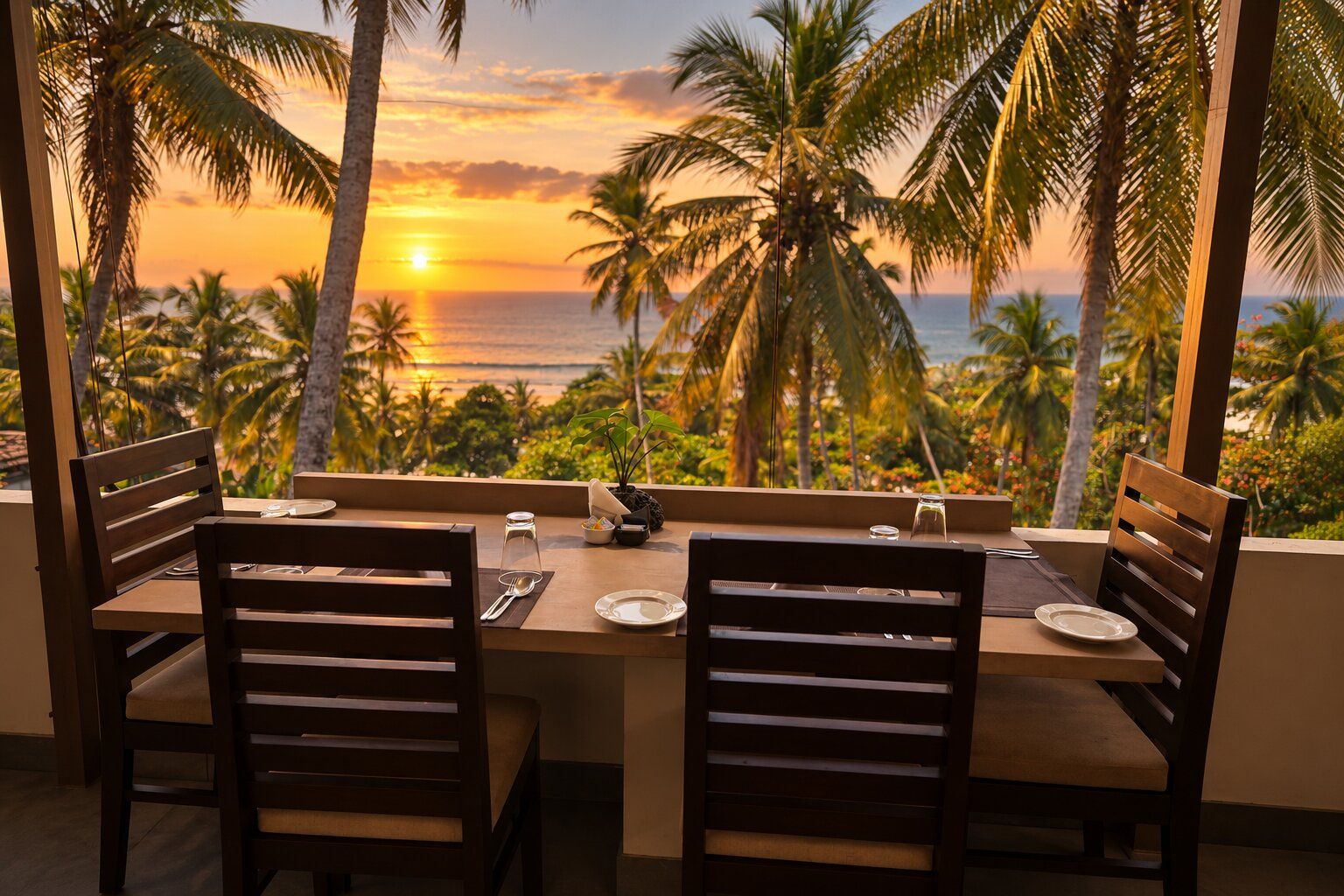 A dining table set for two with a view of the sunset over the ocean, surrounded by palm trees.