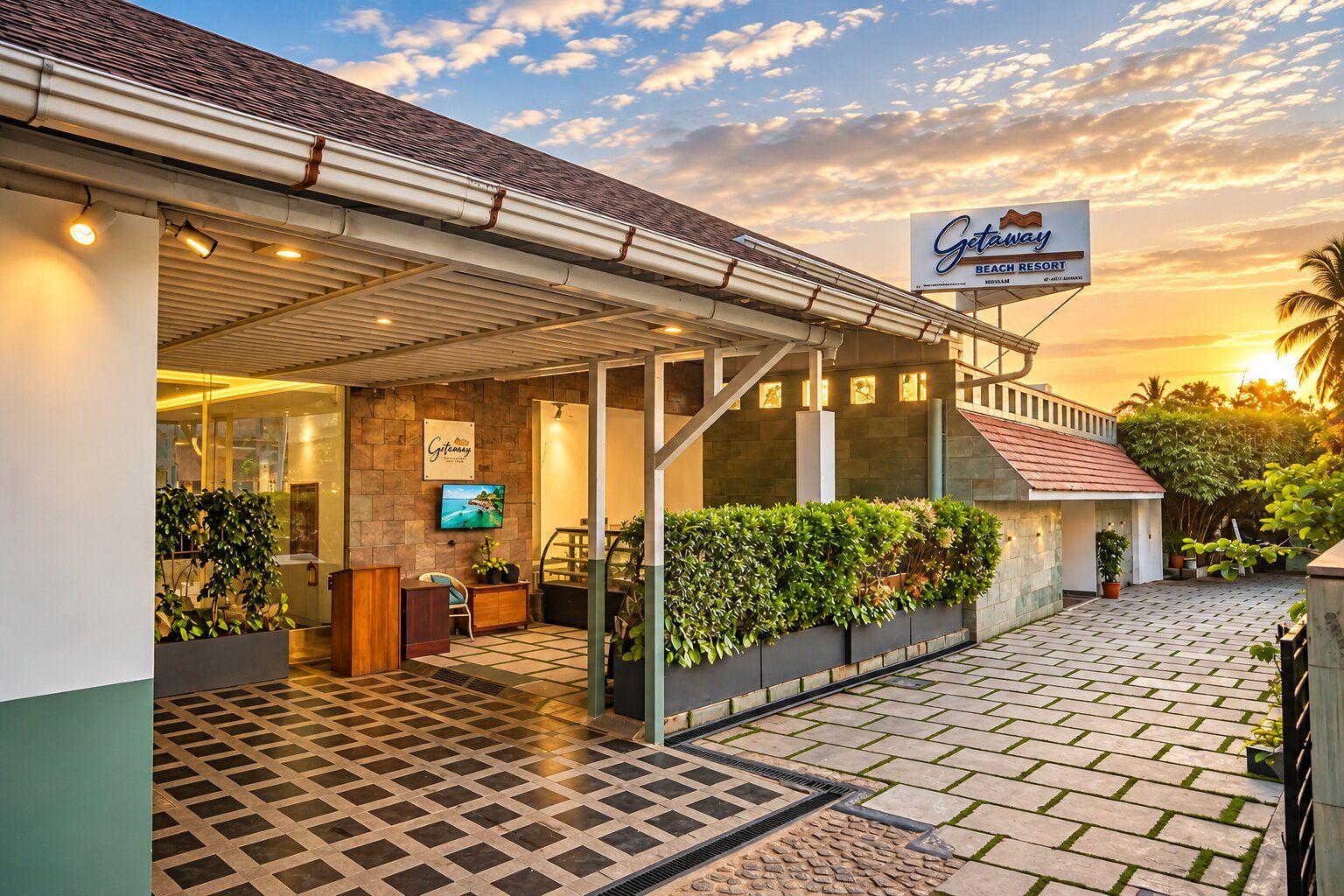 A beach resort with a covered entrance, reception desk, and outdoor seating area.