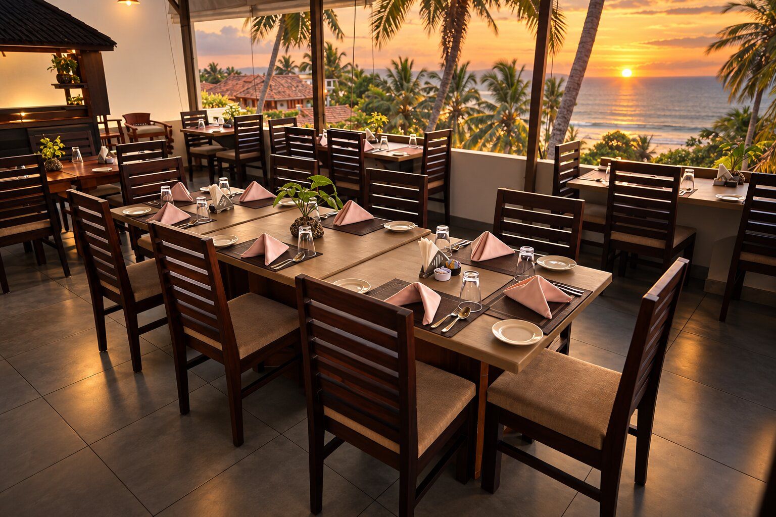 A restaurant with multiple tables set for dining, featuring a view of the ocean and palm trees.
