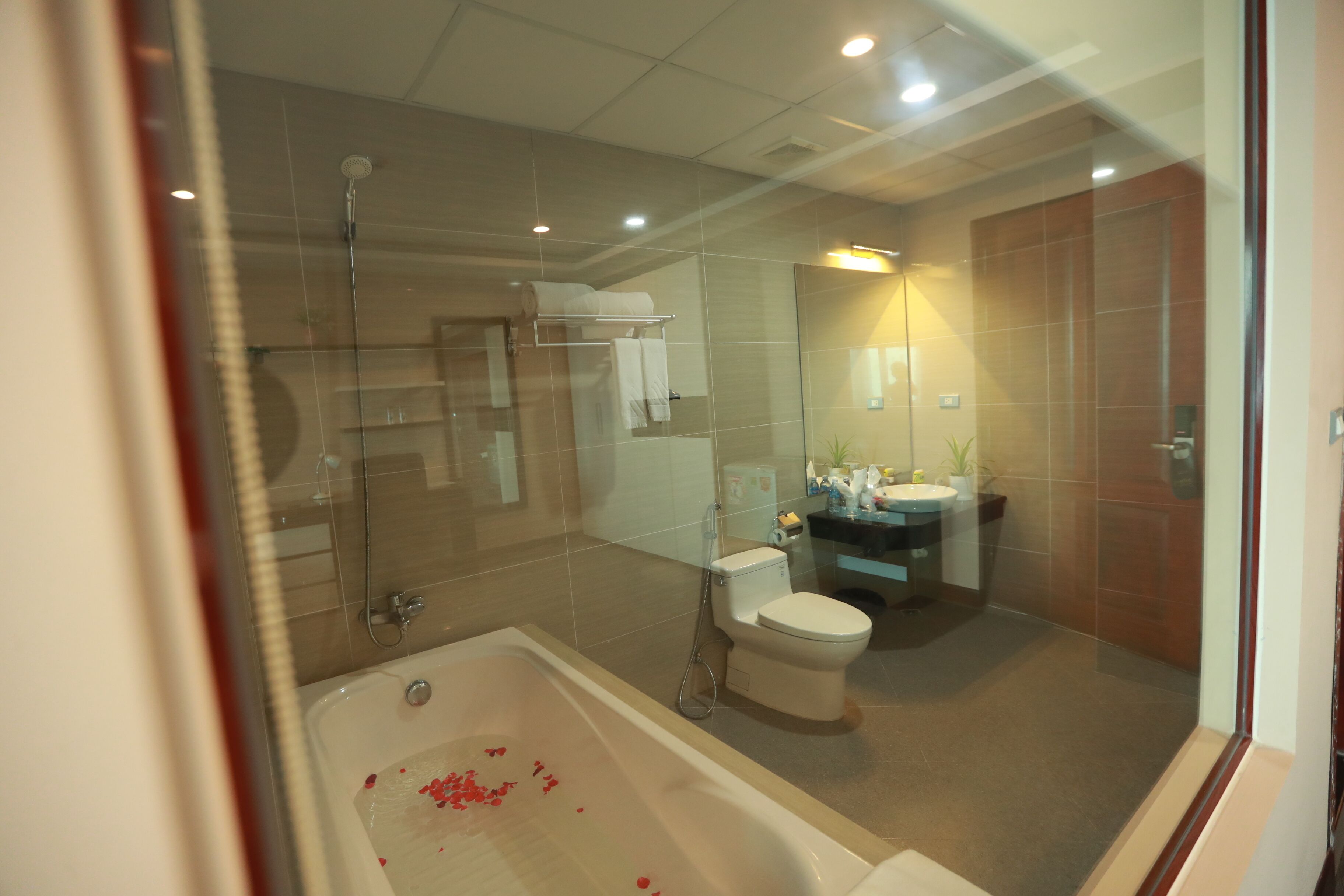 A modern bathroom with a glass-enclosed shower, a bathtub with rose petals, a toilet, and a sink with toiletries.