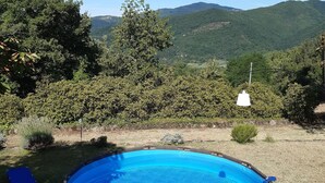 An outdoor swimming pool with a ladder, surrounded by a grassy area and trees, with mountains in the background. - Country Residence Turicchi (Dicomano)