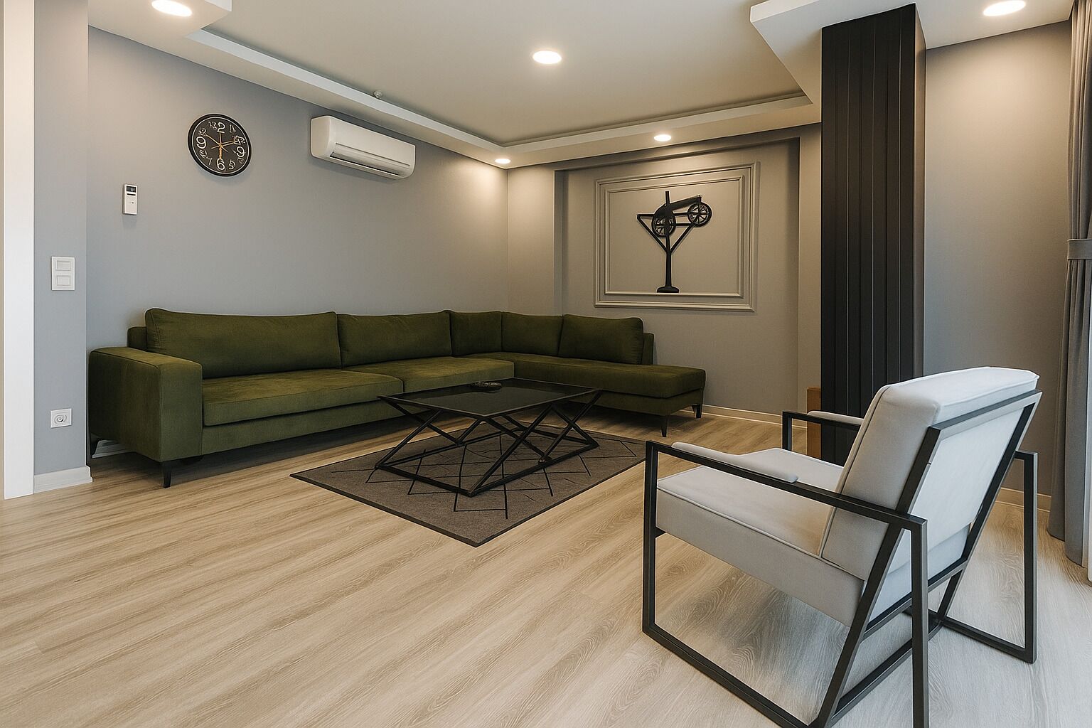 A modern living room with a green sectional sofa, a glass coffee table, and a white chair.