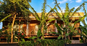 A wooden building with a balcony, surrounded by lush tropical plants. - Cabañas Te Maori (Hanga Roa)