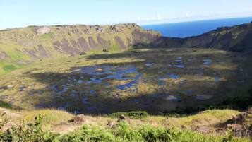 Un paysage naturel caractérisé par une dépression en forme de cratère, des zones herbeuses et une vue lointaine sur l’océan.