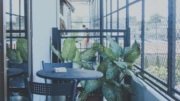 Un área de estar al aire libre techada con mesas y sillas, plantas en macetas grandes y vistas a través de los muros de vidrio.