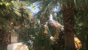 A garden with palm trees, a water feature, and a stone pathway. - Kur-tur Otel (Denizli)