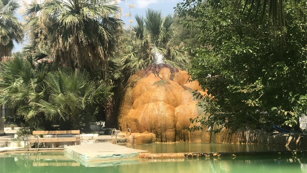 A pool area with a rock formation, palm trees, and a wooden deck. - Kur-tur Otel (Denizli)