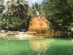 Un área de piscina con una formación rocosa, palmeras y una terraza de madera.