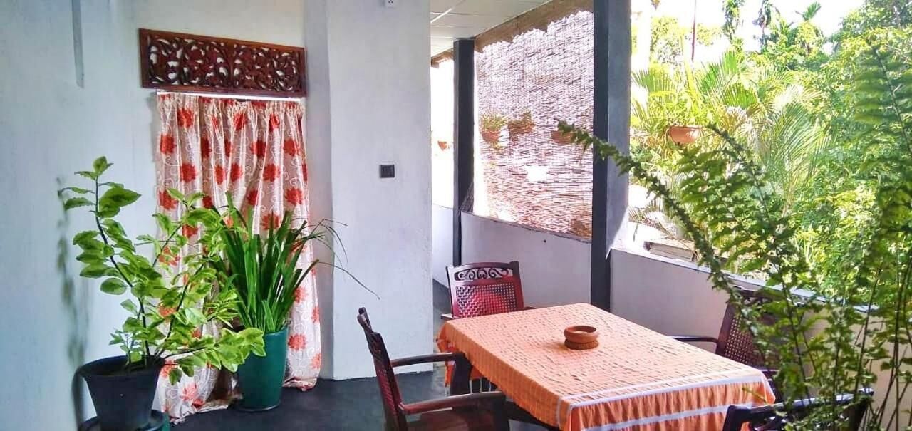 A dining area with a table and chairs, a potted plant, and a window with a view of greenery.