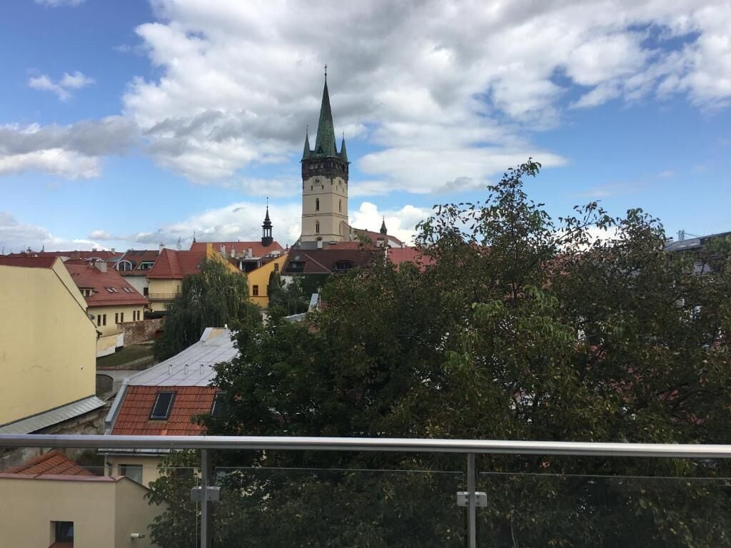 A view of a town with a prominent church tower and surrounding buildings.