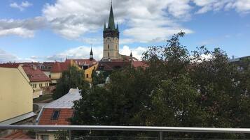 A view of a town with a prominent church tower and surrounding buildings.