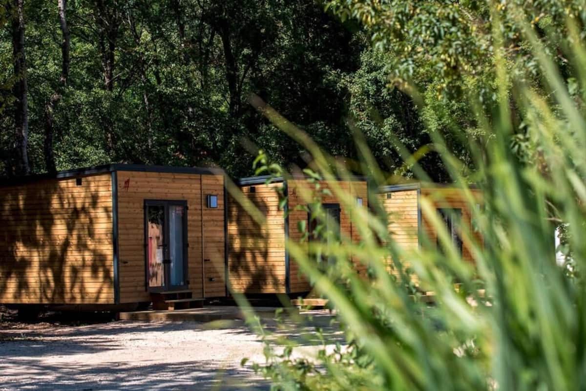 A row of wooden cabins with a dirt ground, surrounded by dense forest.