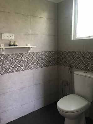 A bathroom with a toilet, a shower, and a window. - Molesworth Homestay (Mount Lavinia)
