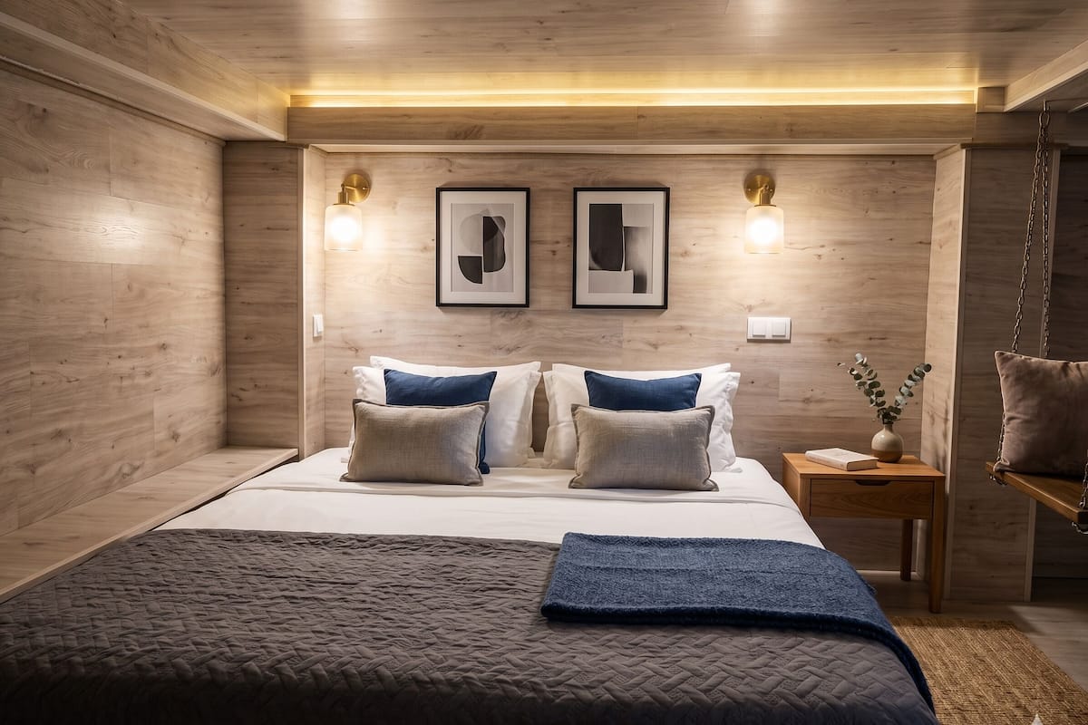 Ein modernes Schlafzimmer mit einem hölzernen Kopfteil, einem Bett mit vielen Kissen, einem Nachttisch mit einer Vase und einer Hängeschaukel.
