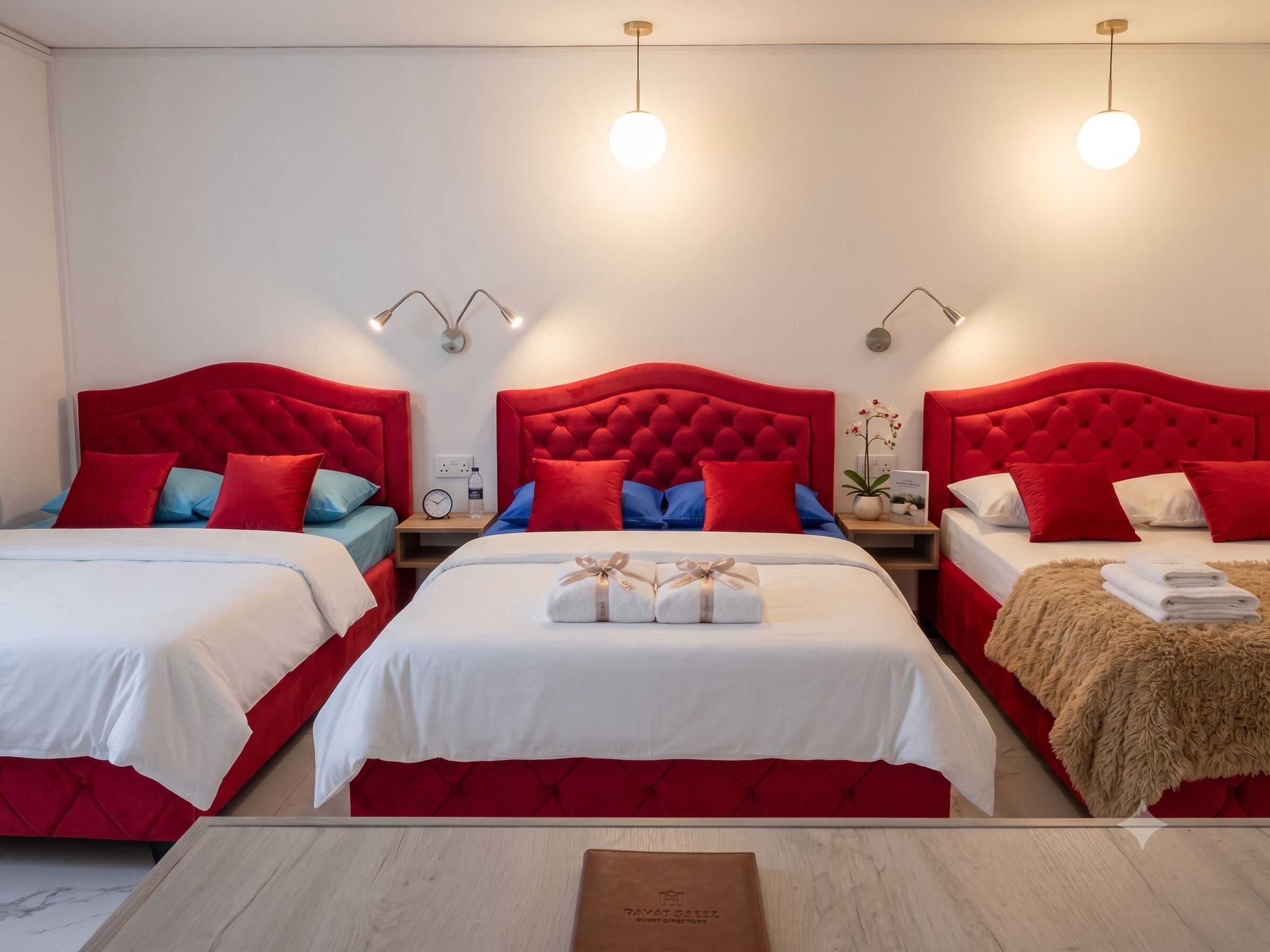 A hotel room with three beds, each with red headboards and white bedding. There are bedside tables with lamps, a wooden floor, and a marble accent wall.