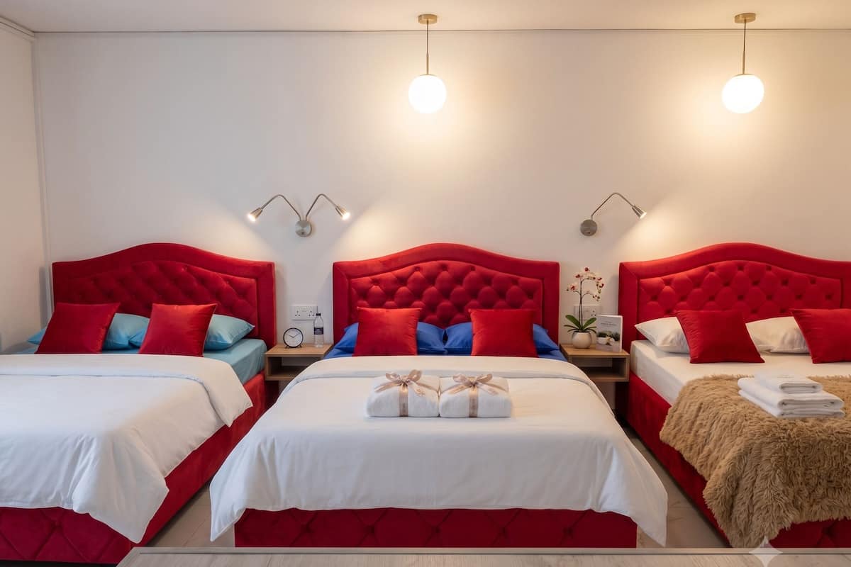 Ein Hotelzimmer mit drei Betten, jeweils mit roten Kopfteilen und weißer Bettwäsche. Es gibt Nachttische mit Lampen, einen Holzboden und eine Marmor-Akzentwand.