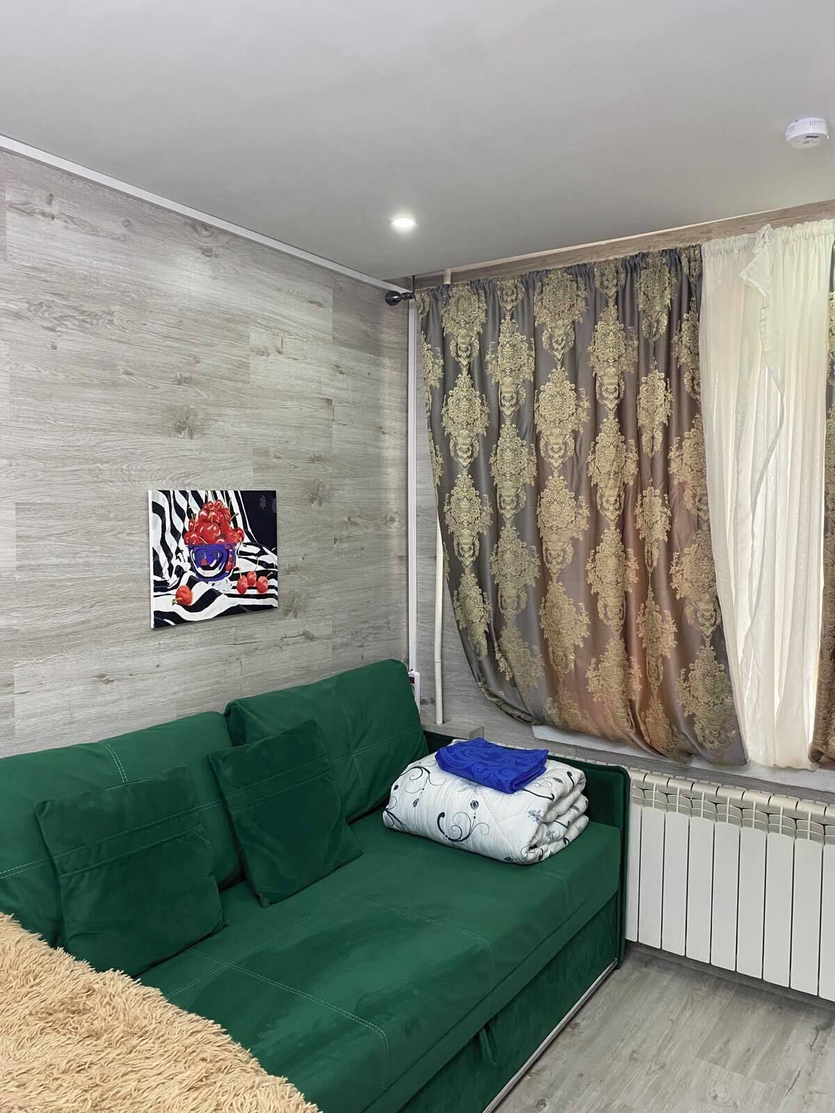 A green sofa with pillows, a radiator, a wall with a textured pattern, and a window with patterned curtains.