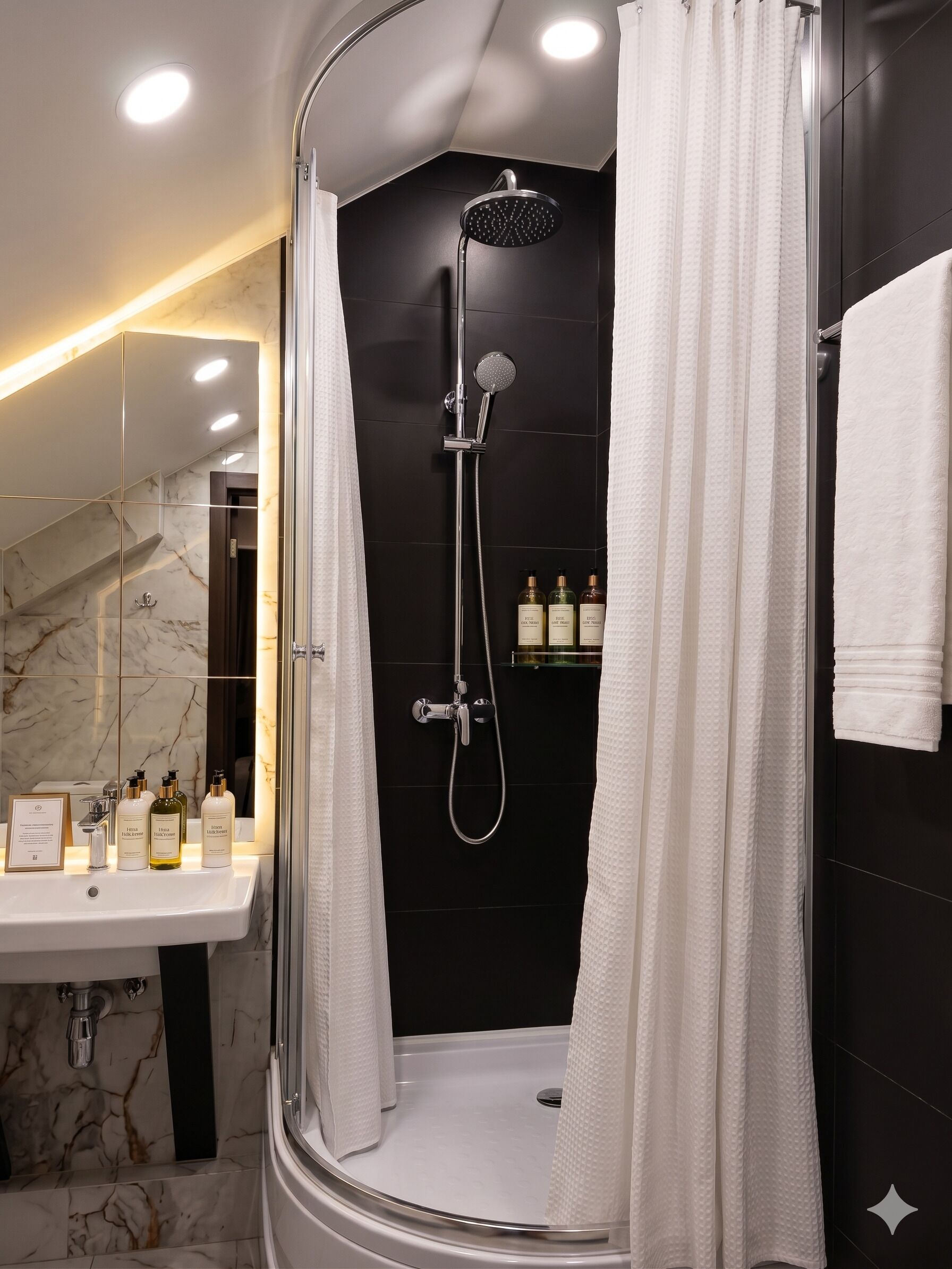 Ein modernes Badezimmer mit einer Duschkabine aus Glas, einem Waschtisch mit Toilettenartikeln und einem Spiegel.