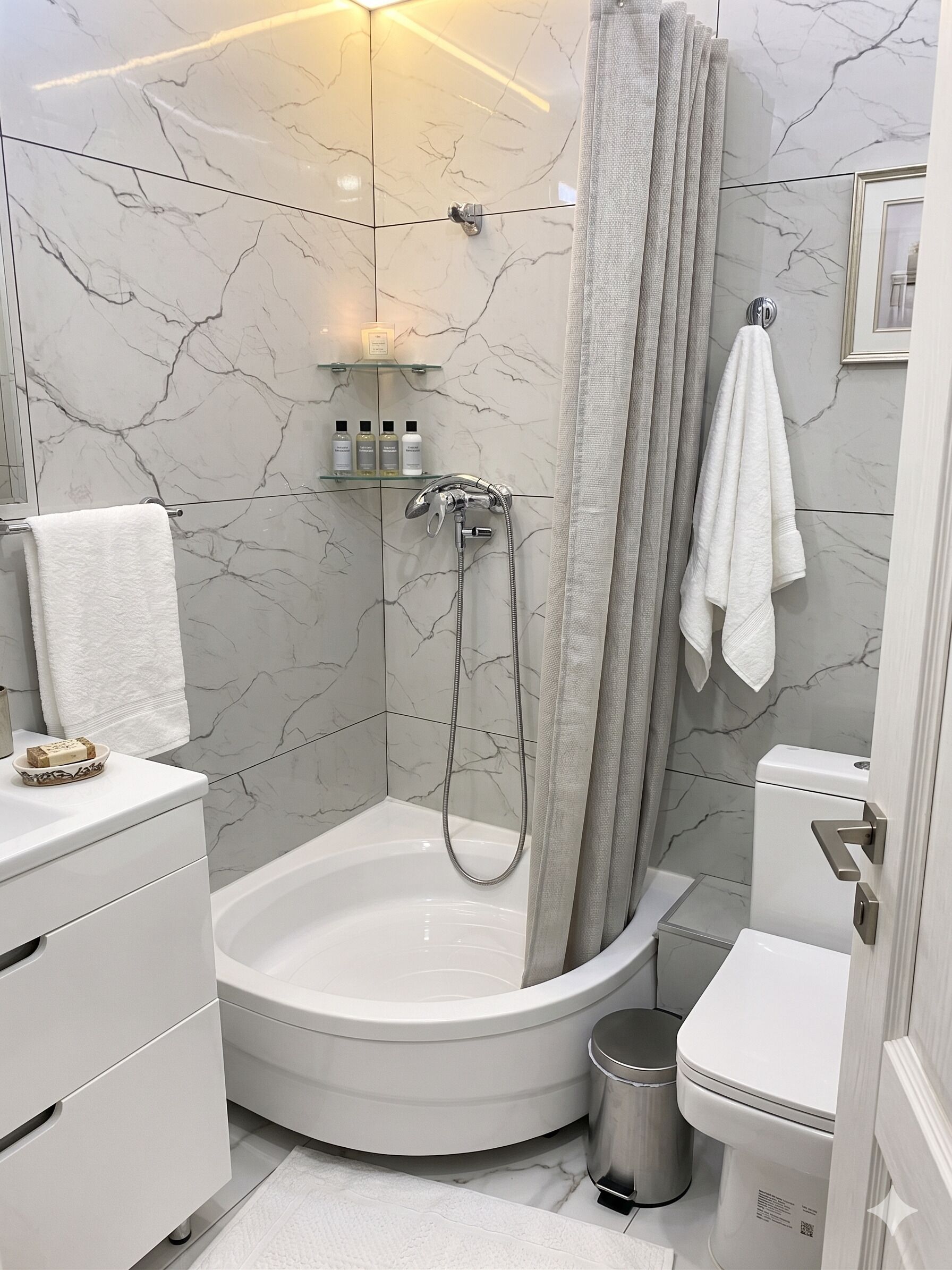 A modern bathroom with a corner shower, a toilet, and a vanity with drawers.