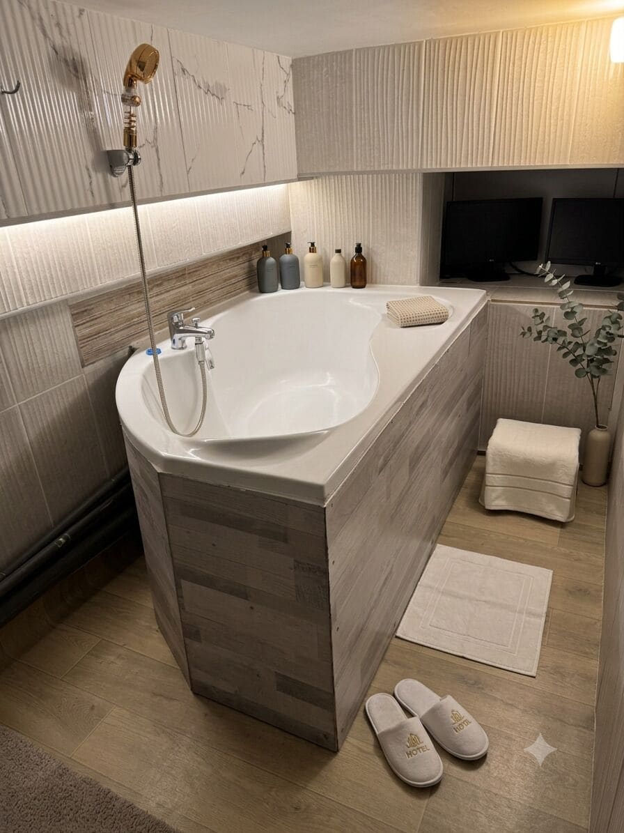 Un baño moderno con una bañera independiente, un cabezal de ducha, un tocador con espejo y un televisor.