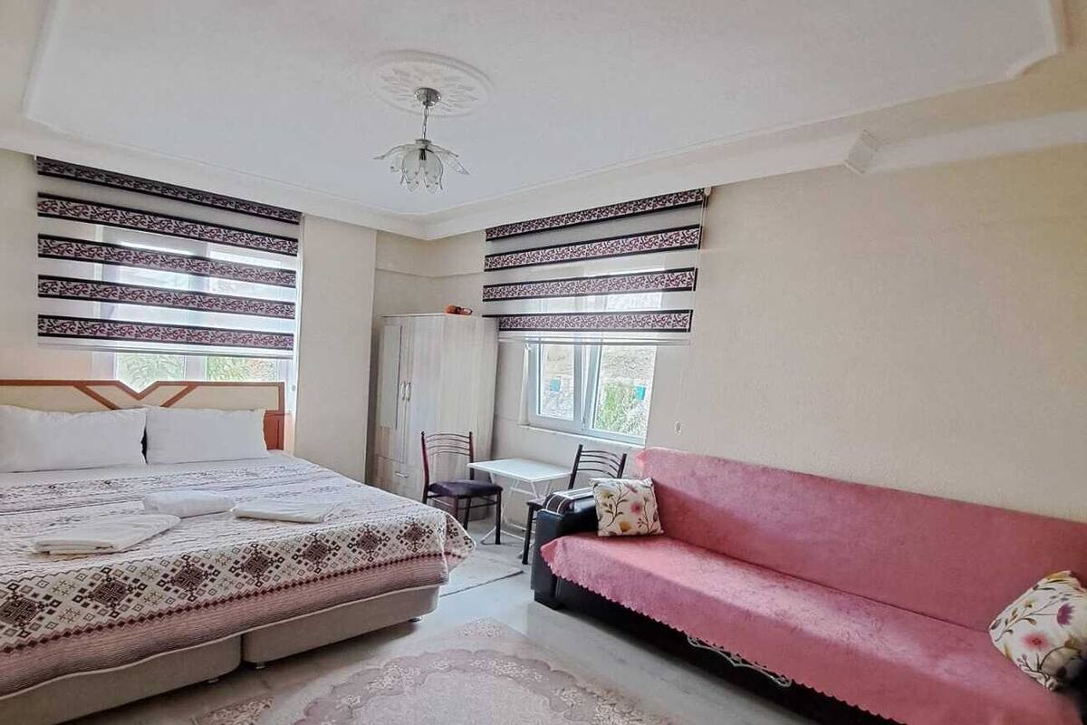 Ein Schlafzimmer mit einem Bett, einem rosa Schlafsofa, einem Schreibtisch und einem Fenster mit gemusterten Vorhängen.