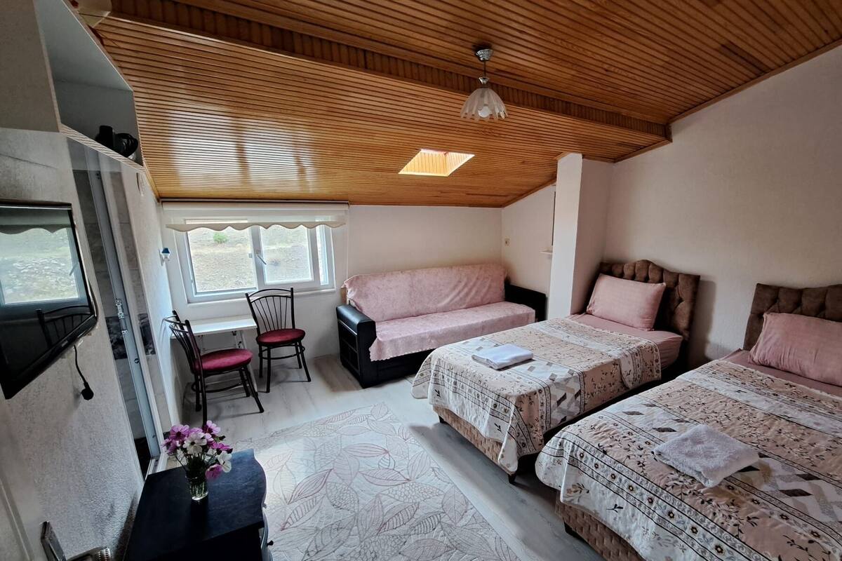 Ein gemütliches Schlafzimmer mit zwei Betten, einem Schreibtisch und einem Stuhl.