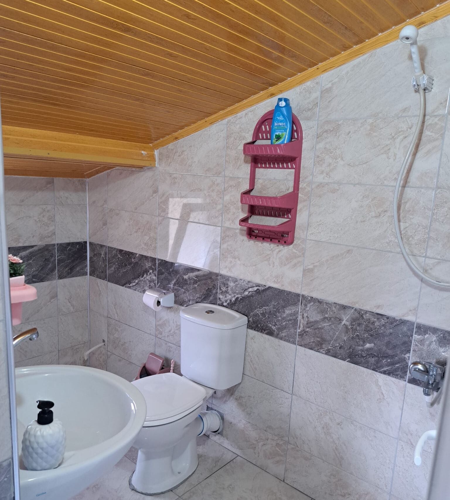 Et badeværelse med toilet, vask og brusebad.