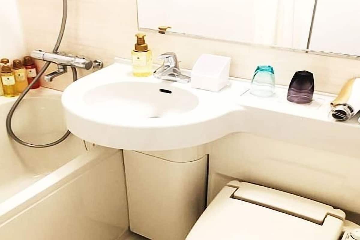 Een bad/douchecombinatie, gratis toiletartikelen, een haardroger