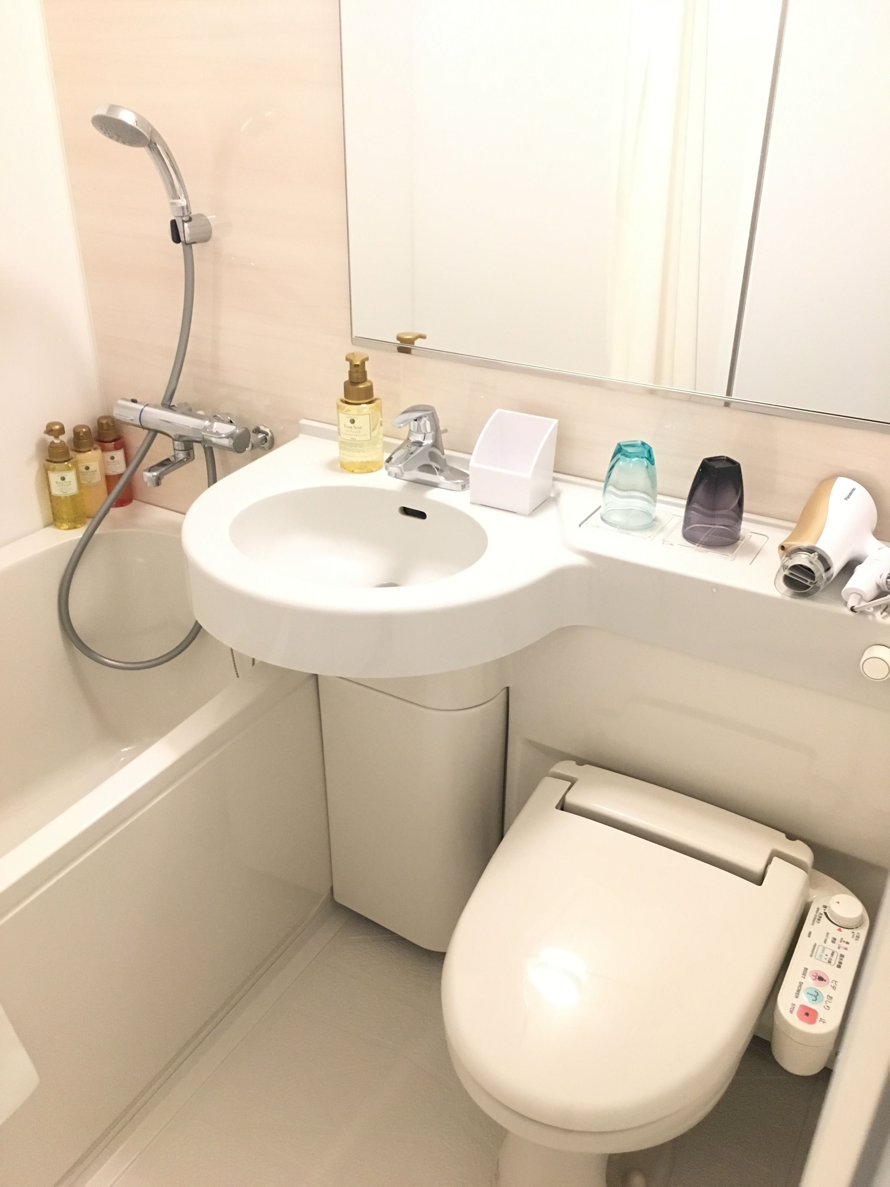 combined shower/bathtub, free toiletries, hair dryer, slippers