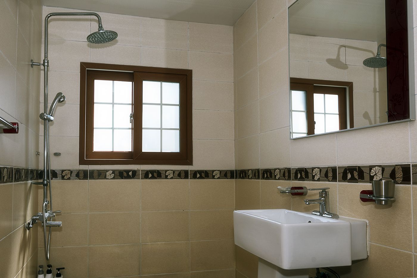 A bathroom with a shower, a sink, a window, and a mirror.
