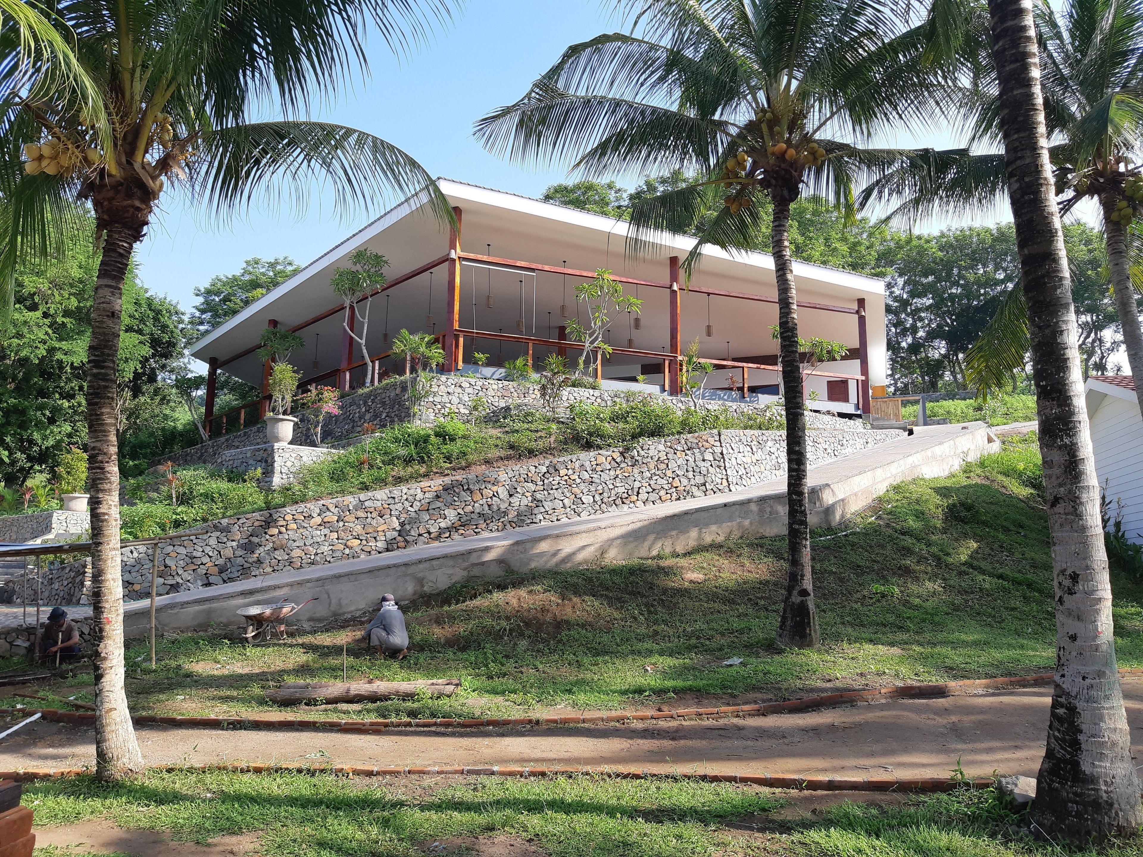 A modern building with a flat roof and large windows, surrounded by palm trees and a stone wall.